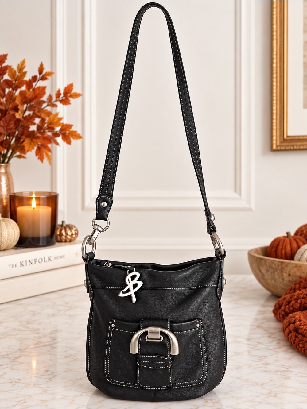 B Makowsky Black Leather Crossbody Bag Buckle Silver Hardware Shoulder Purse